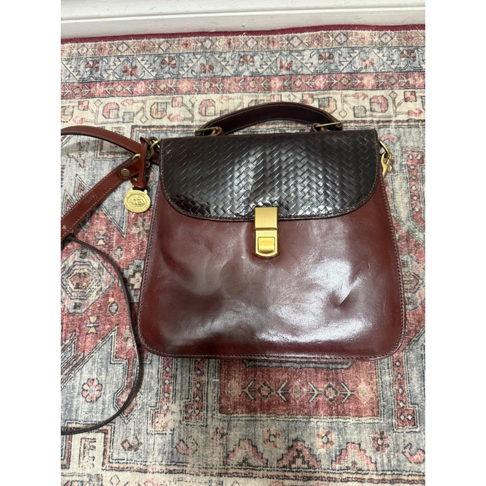 Vintage Brahmin Mahogany Leather Woven Flap Crossbody Bag Made in USA Satchel
